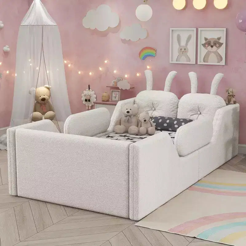 Whisen Twin Platform Bed, Kids Floor Upholstered Bed Frame with Rabbit Cushion, Removable Side Rails