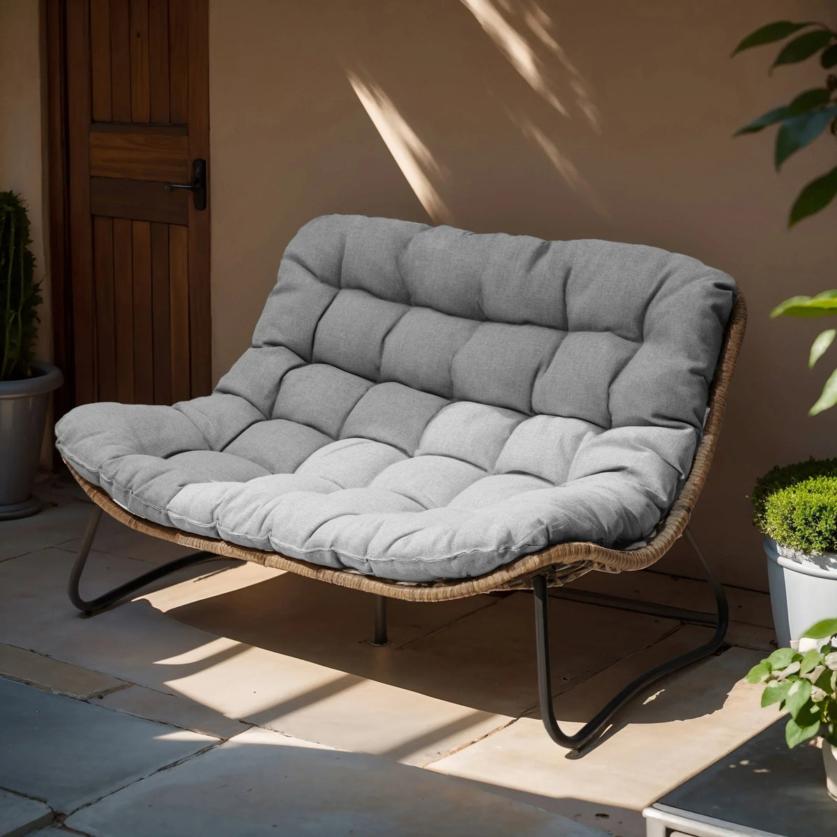 Double Papasan Chair Loveseat with Cushion, All-weather PE Rattan and Metal Frame for Indoor Outdoor