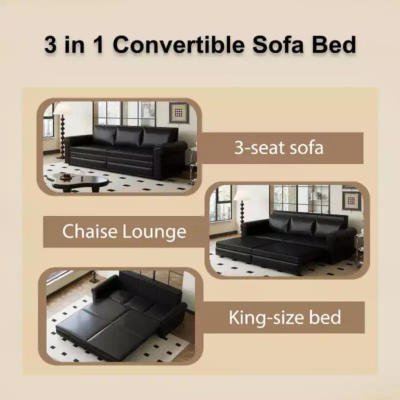 GDFStudio Mary Multi-Functional 93.7 Faux Leather Convertible King Size Sofa Bed with Nailhead Trim
