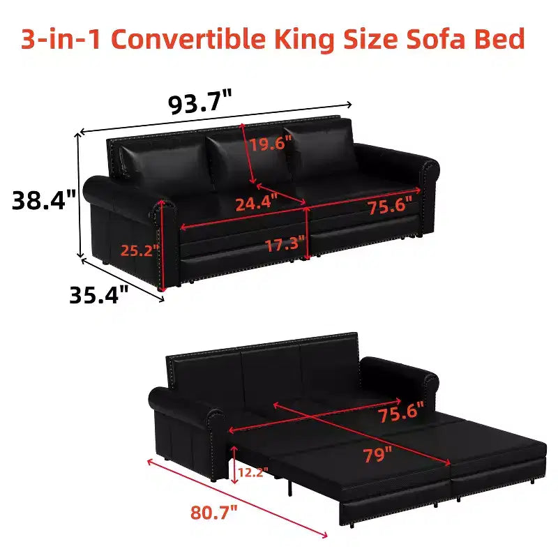 GDFStudio Mary Multi-Functional 93.7 Faux Leather Convertible King Size Sofa Bed with Nailhead Trim