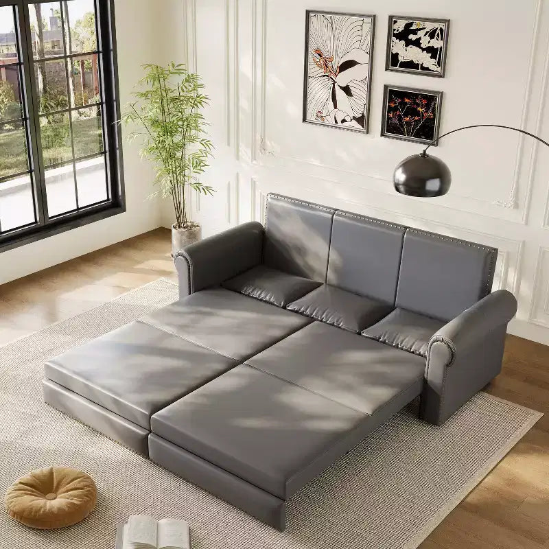 GDFStudio Mary Multi-Functional 93.7 Faux Leather Convertible King Size Sofa Bed with Nailhead Trim