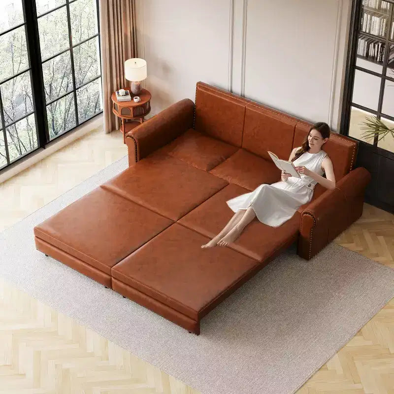 GDFStudio Mary Multi-Functional 93.7 Faux Leather Convertible King Size Sofa Bed with Nailhead Trim