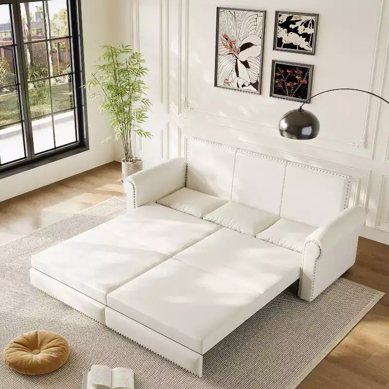 GDFStudio Mary Multi-Functional 93.7 Faux Leather Convertible King Size Sofa Bed with Nailhead Trim