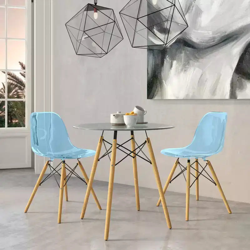 LeisureMod Dover 3-Piece Dining Set  31 Round Clear Glass Bistro Table with 2 Acrylic Chairs with Wooden Dowel Legs, Modern Kitchen, Dining Room