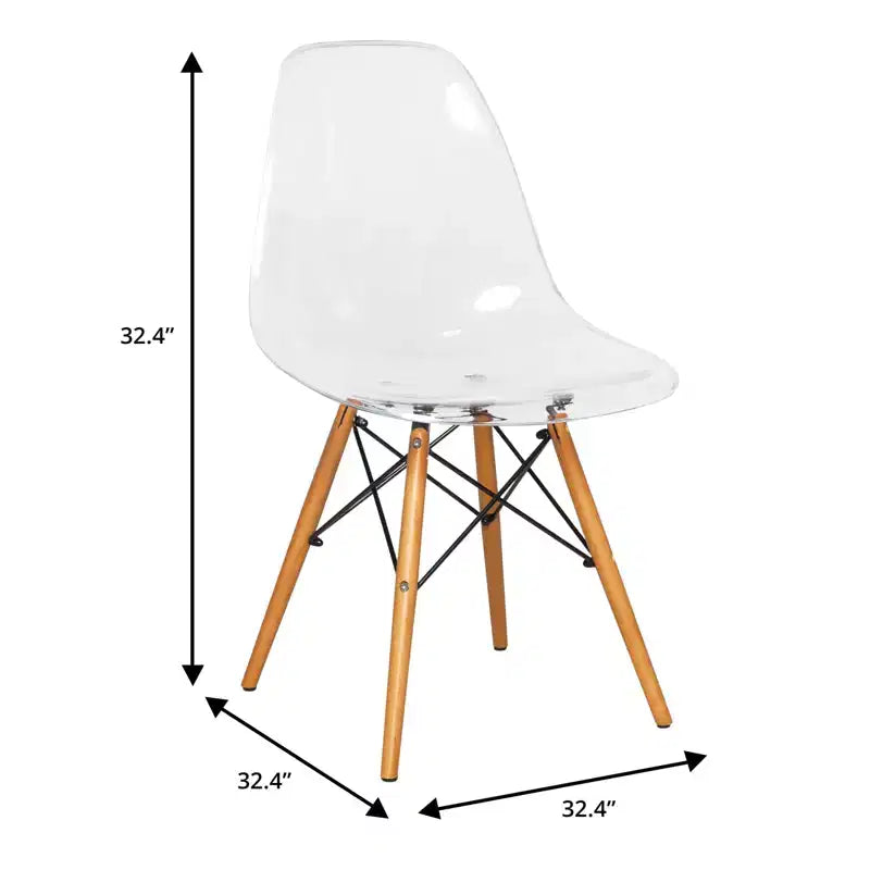 LeisureMod Dover 3-Piece Dining Set  31 Round Clear Glass Bistro Table with 2 Acrylic Chairs with Wooden Dowel Legs, Modern Kitchen, Dining Room