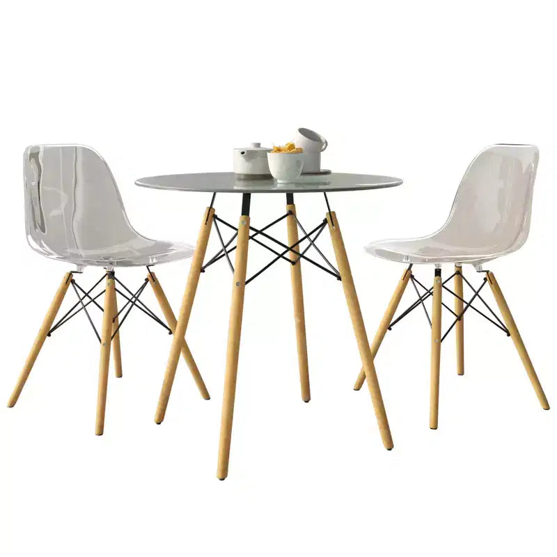 LeisureMod Dover 3-Piece Dining Set  31 Round Clear Glass Bistro Table with 2 Acrylic Chairs with Wooden Dowel Legs, Modern Kitchen, Dining Room