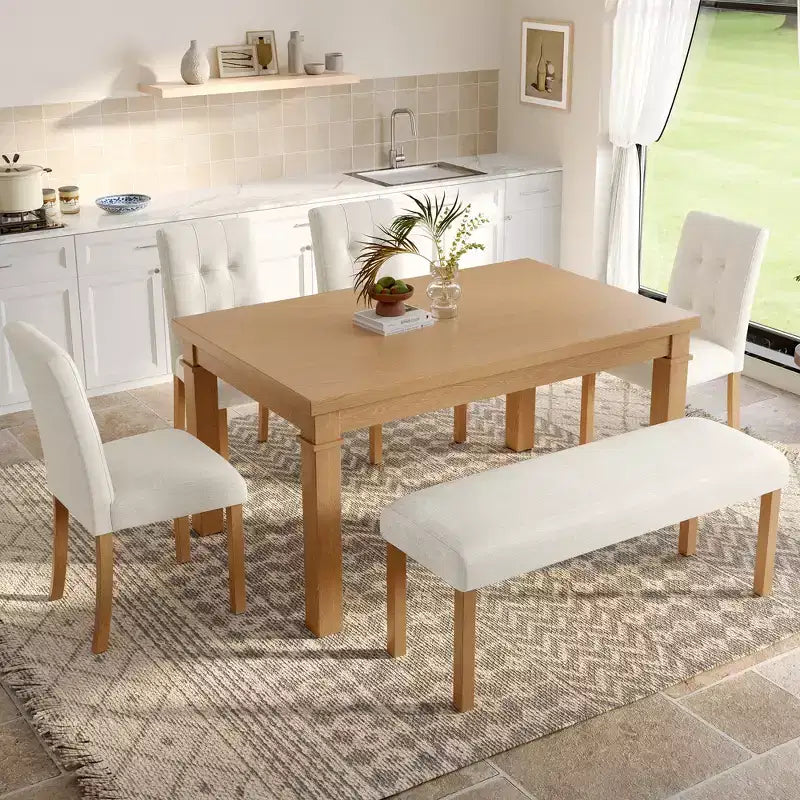 Wood Dining Table Set with Bench for 6, 6 Pieces Rectangle Kitchen Set with 4 Upholstered Chairs for Dining Room