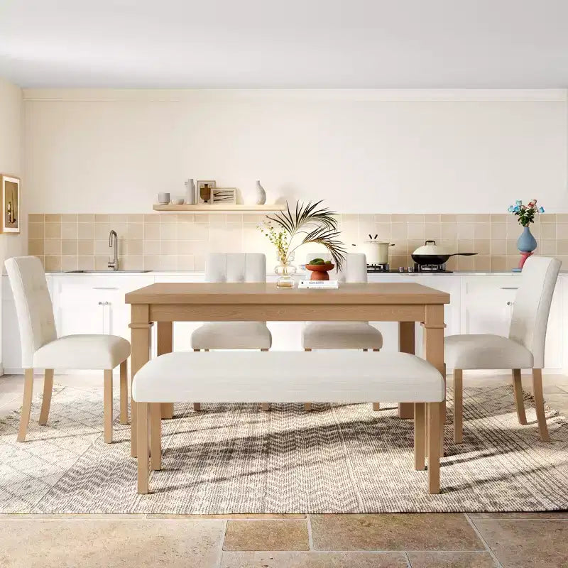 Wood Dining Table Set with Bench for 6, 6 Pieces Rectangle Kitchen Set with 4 Upholstered Chairs for Dining Room