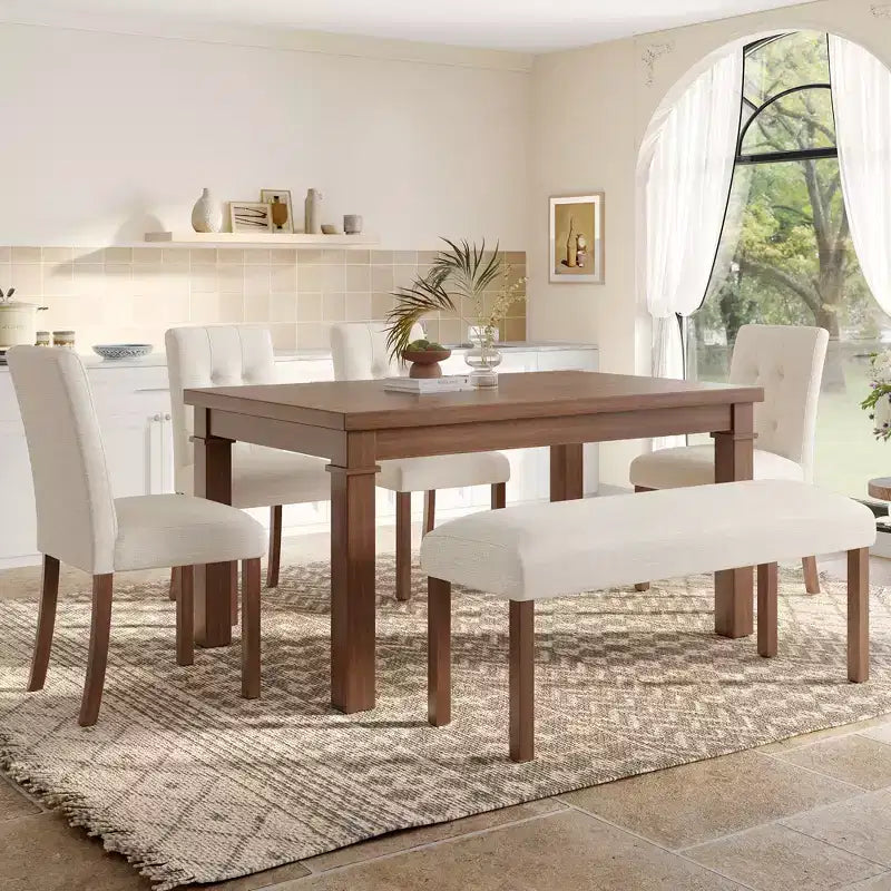 Wood Dining Table Set with Bench for 6, 6 Pieces Rectangle Kitchen Set with 4 Upholstered Chairs for Dining Room