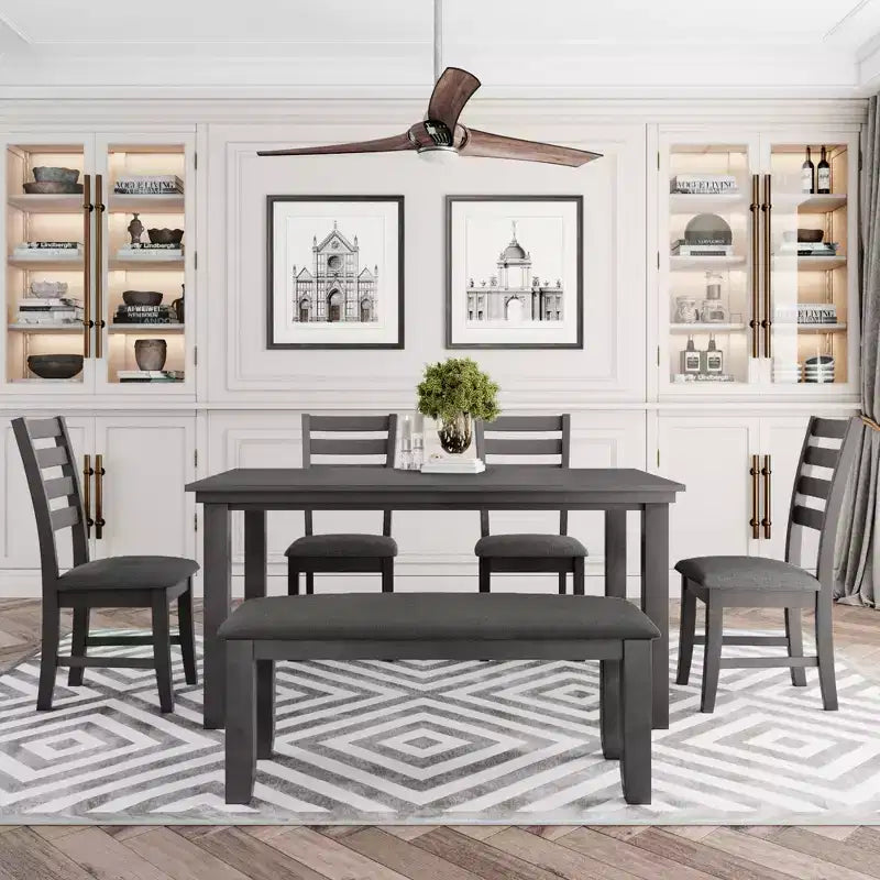 Farmhouse Kitchen Dining Table Set for 6, Wood Rectangle Table and 4 Upholstered Chairs & Bench