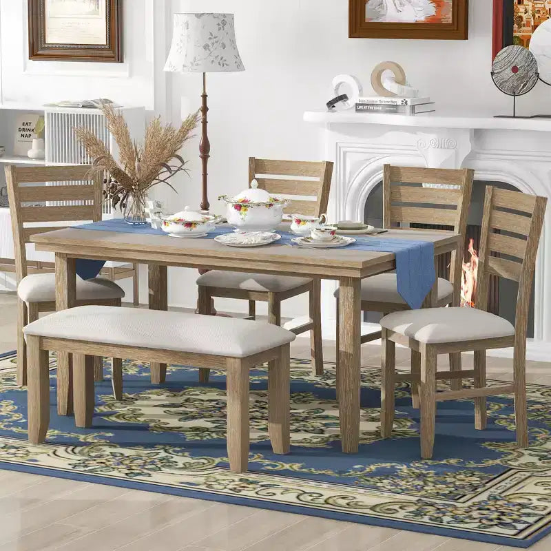 Farmhouse Kitchen Dining Table Set for 6, Wood Rectangle Table and 4 Upholstered Chairs & Bench