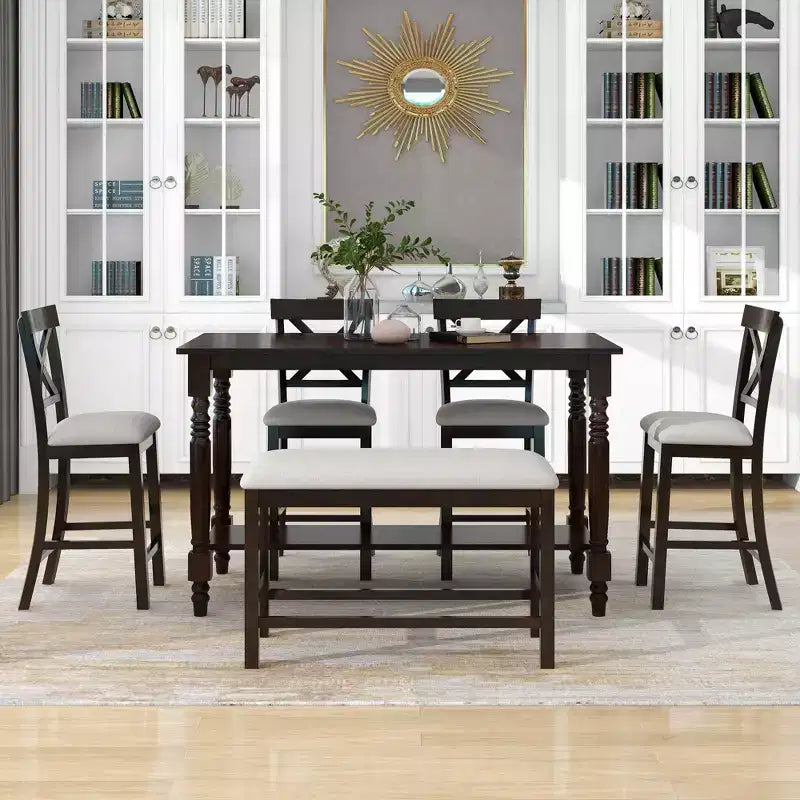 Farmhouse Counter Height Dining Table Set for 6, Rectangular Table with Shelf and 4 Chairs & Bench