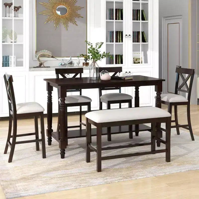 Farmhouse Counter Height Dining Table Set for 6, Rectangular Table with Shelf and 4 Chairs & Bench
