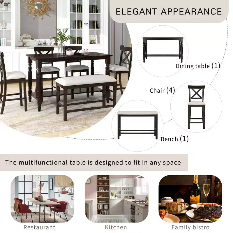 Farmhouse Counter Height Dining Table Set for 6, Rectangular Table with Shelf and 4 Chairs & Bench