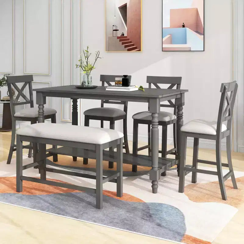 Farmhouse Counter Height Dining Table Set for 6, Rectangular Table with Shelf and 4 Chairs & Bench
