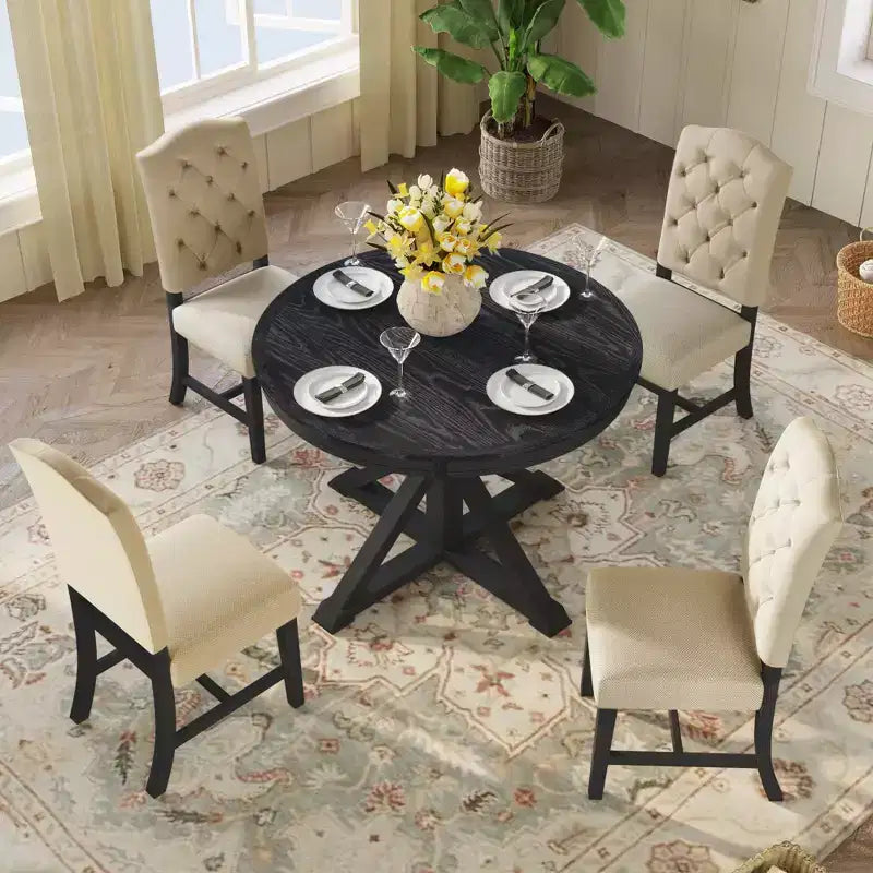 Extendable Dining Table Set for 4, Wood Round Table with 4 Upholstered Chairs for Kitchen