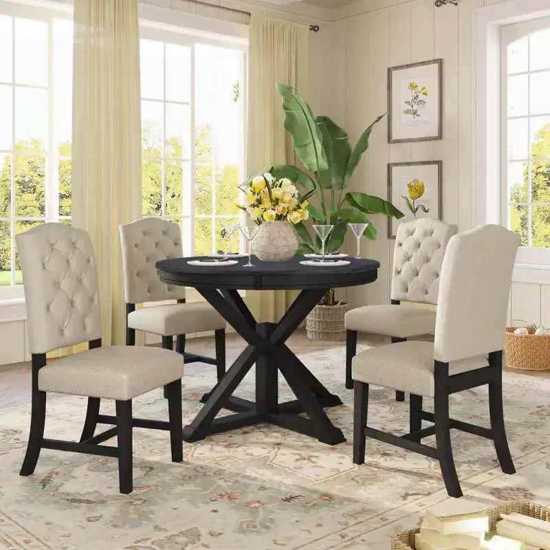 Extendable Dining Table Set for 4, Wood Round Table with 4 Upholstered Chairs for Kitchen