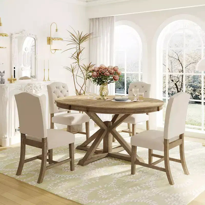Extendable Dining Table Set for 4, Wood Round Table with 4 Upholstered Chairs for Kitchen