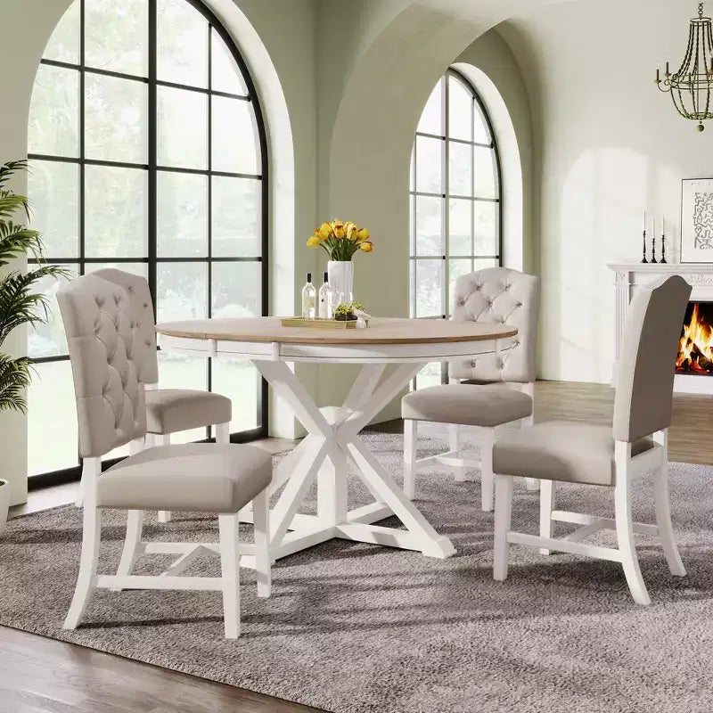 Extendable Dining Table Set for 4, Wood Round Table with 4 Upholstered Chairs for Kitchen