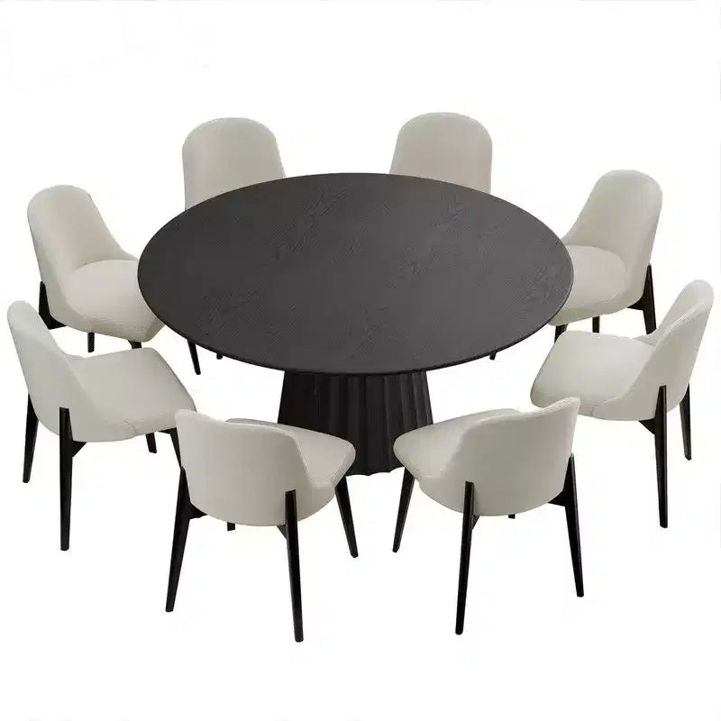PexFix 60 Modern Round Dining Table Set with 8 Upholstered Chairs Black Textured Wood Top Pleated Pedestal Base Beige Seats for Kitchen Dining Room