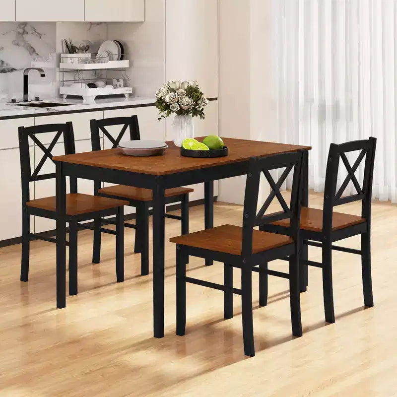Costway 5 Piece Dining Table Set for 4 People with Rubber Wood Legs, Cross Backrest