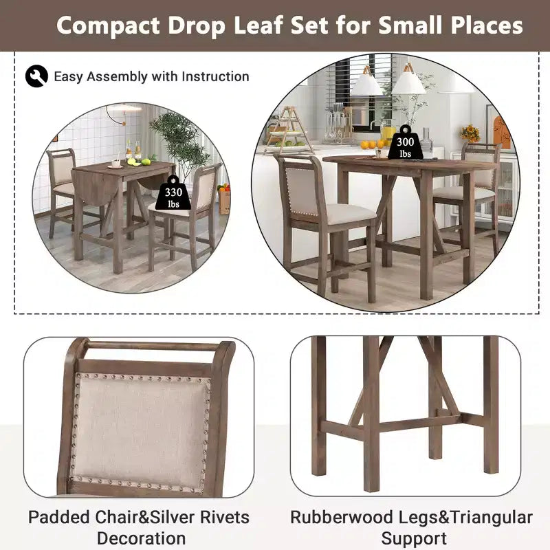 Clihome 3-Piece Drop Leaf Dining Table Set,Extendable Half-Round Design with Farmhouse Chairs,for Small Space, Rustic Style