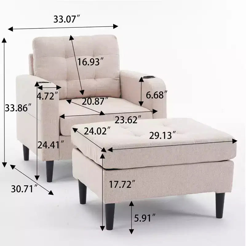 GDFStudio Brooke Modern Upholstered Tufted Armchair and Storage Ottoman Set