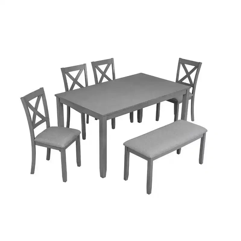 Homy Casa 6-Piece Wooden Dining Table Set with 4 Upholstered Chairs and Bench, Kitchen & Dining Room Furniture, Grey