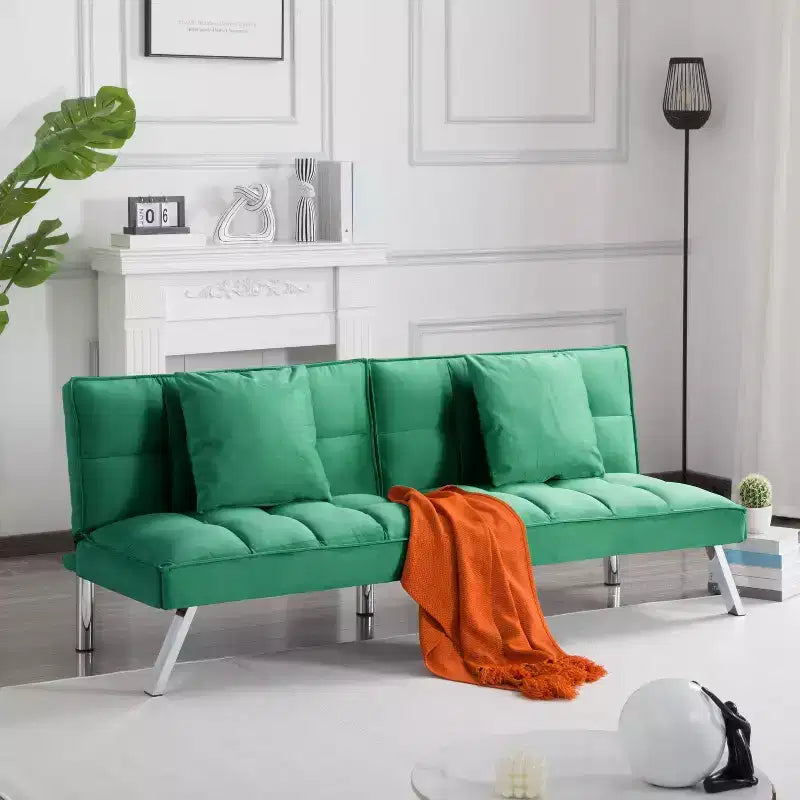 MAYEERTY 67.7 Futon Sofa Bed - 5-Position Adjustable Backrest, Velvet Upholstery, Tufted Design, 2 Pillows