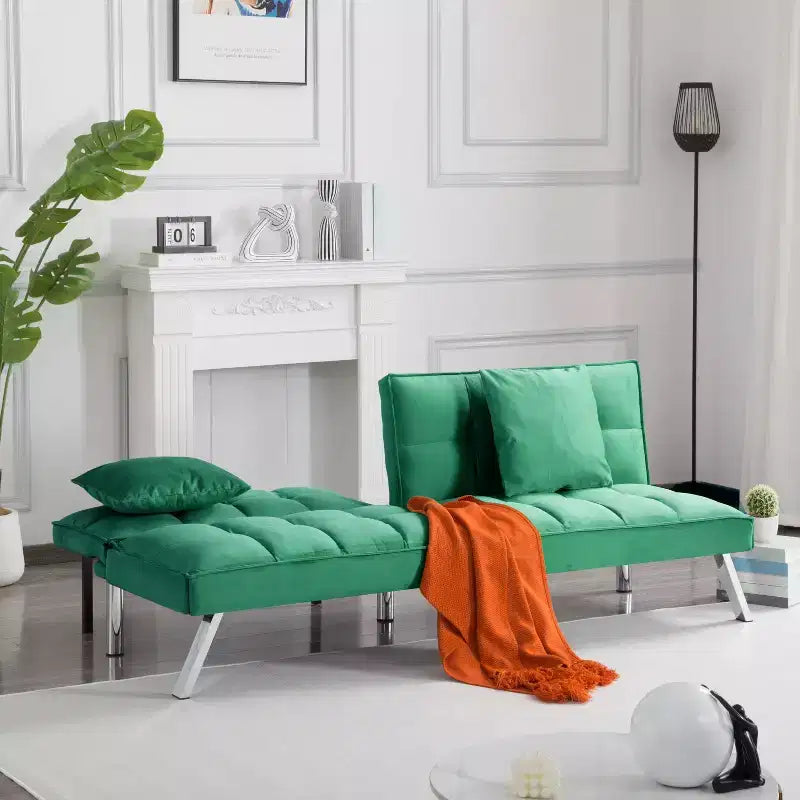 MAYEERTY 67.7 Futon Sofa Bed - 5-Position Adjustable Backrest, Velvet Upholstery, Tufted Design, 2 Pillows