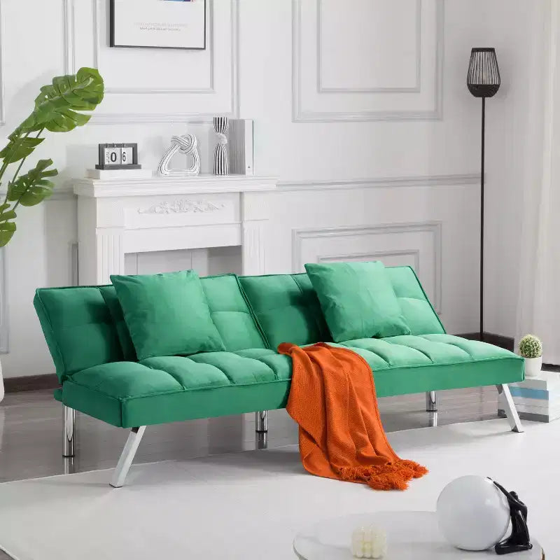 MAYEERTY 67.7 Futon Sofa Bed - 5-Position Adjustable Backrest, Velvet Upholstery, Tufted Design, 2 Pillows