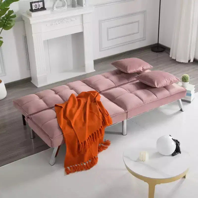 MAYEERTY 67.7 Futon Sofa Bed - 5-Position Adjustable Backrest, Velvet Upholstery, Tufted Design, 2 Pillows