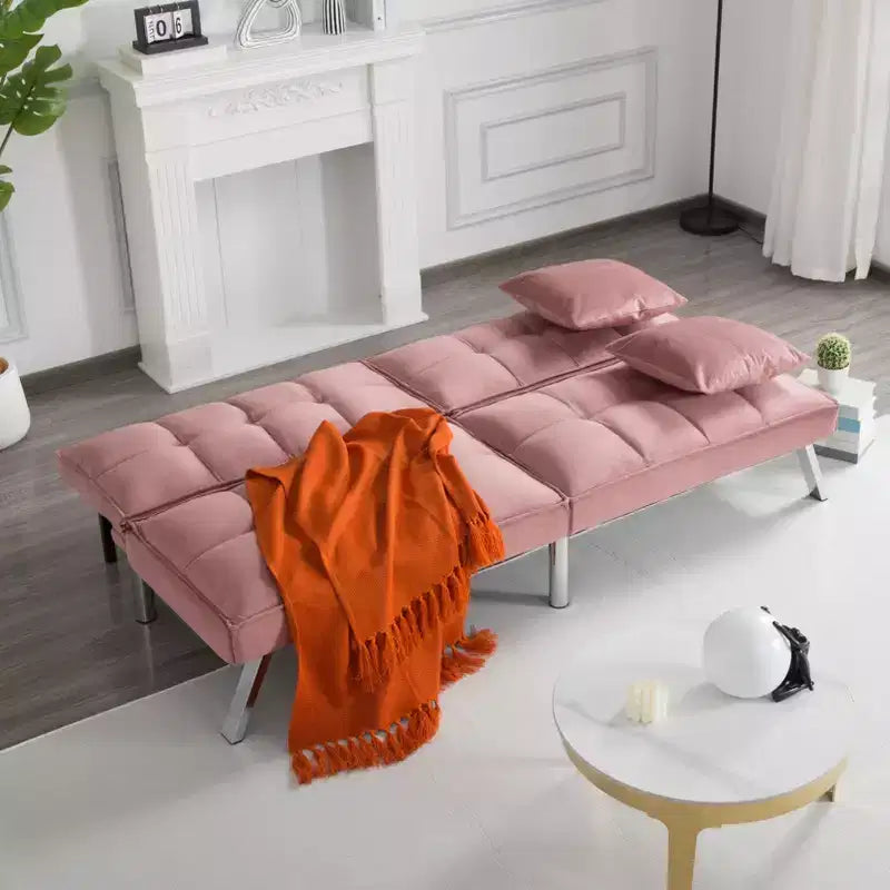 MAYEERTY 67.7 Futon Sofa Bed - 5-Position Adjustable Backrest, Velvet Upholstery, Tufted Design, 2 Pillows