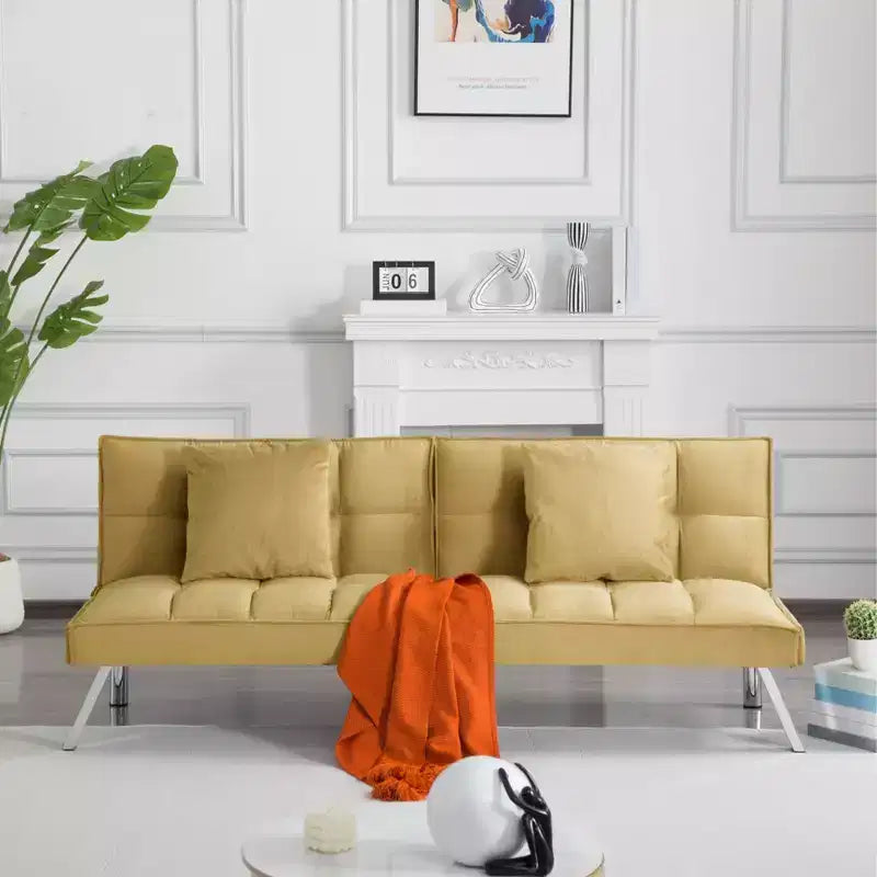 MAYEERTY 67.7 Futon Sofa Bed - 5-Position Adjustable Backrest, Velvet Upholstery, Tufted Design, 2 Pillows