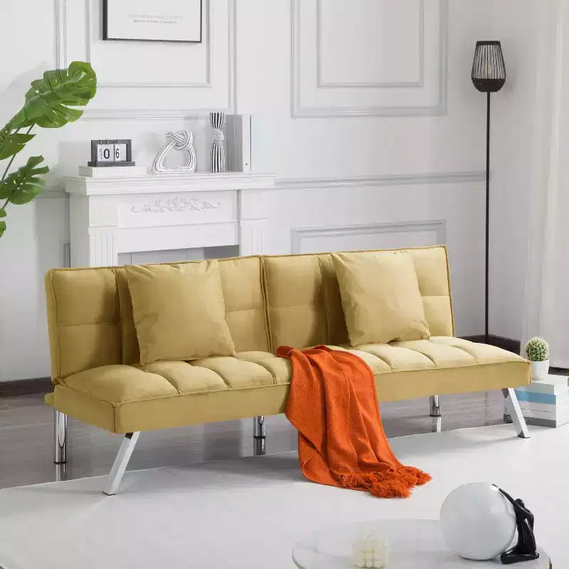 MAYEERTY 67.7 Futon Sofa Bed - 5-Position Adjustable Backrest, Velvet Upholstery, Tufted Design, 2 Pillows