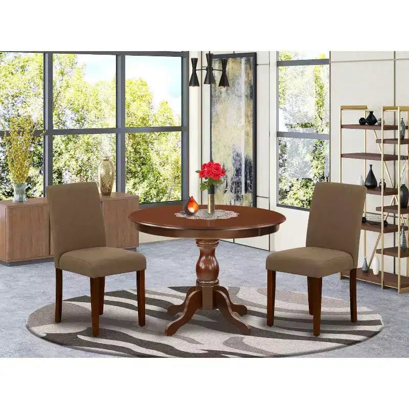 3-Piece Mahogany Finish Solid Wood Top-Dining Room Set with High Back-Seats 4