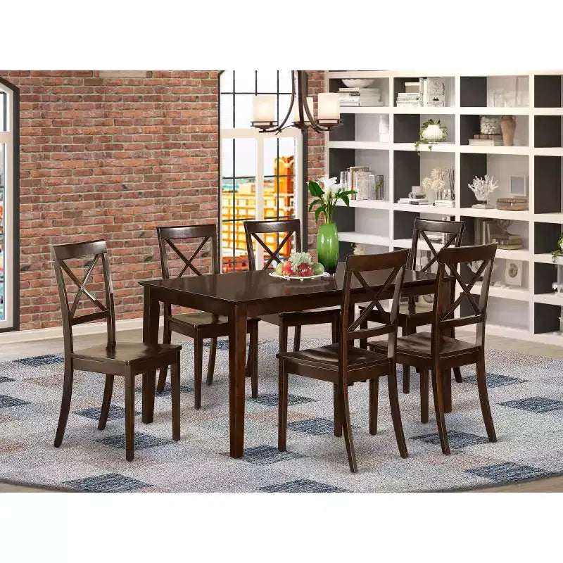 Dining Table and Chair Set - Eclectic Elegance Solid Wood Cappuccino Finish - Kitchen Table Set for 6