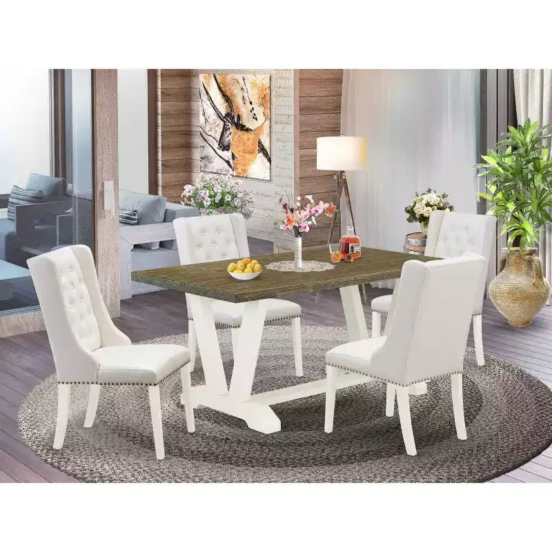 HomeStock 5-Piece Natural Oak Finish Solid Wood Top Dining Table with 4 Upholstered Chairs