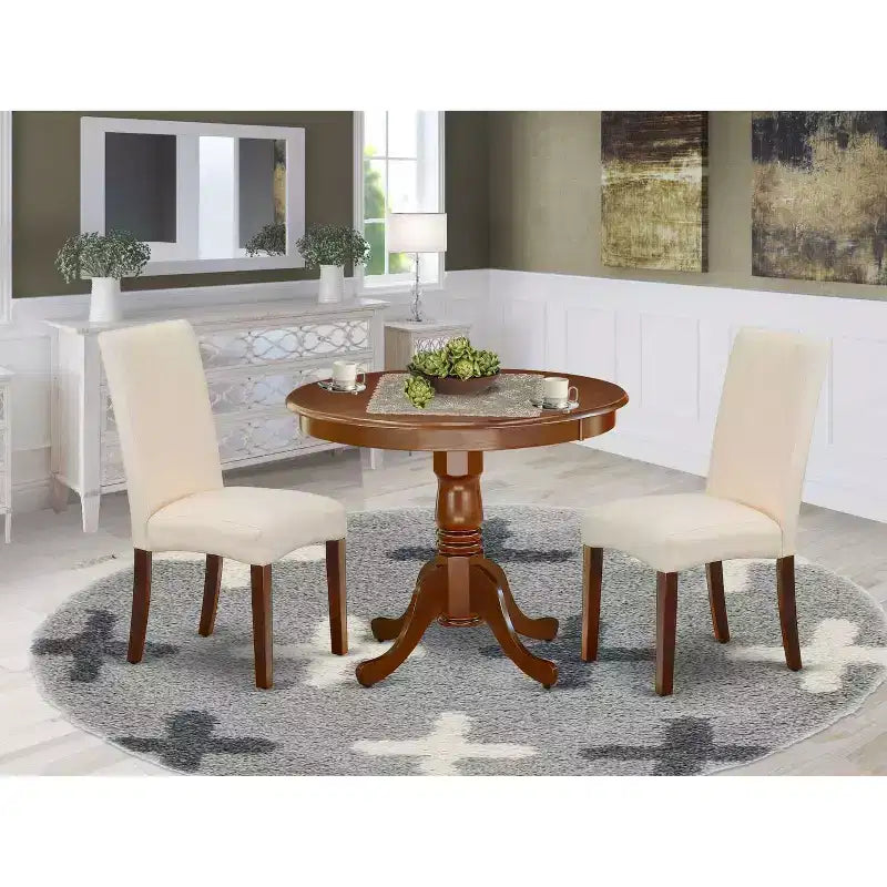 Round Dining Table Set 36 Inch - 3Pc Coastal Craftsman Table & Chairs - Linen Fabric Cream