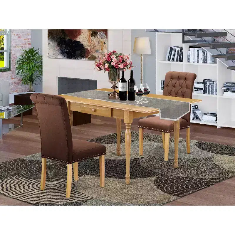 HomeStock 3-Piece Natural Brown Oak Finish Solid Wood Top With Dropleaf Dining Table Set for Small Spaces