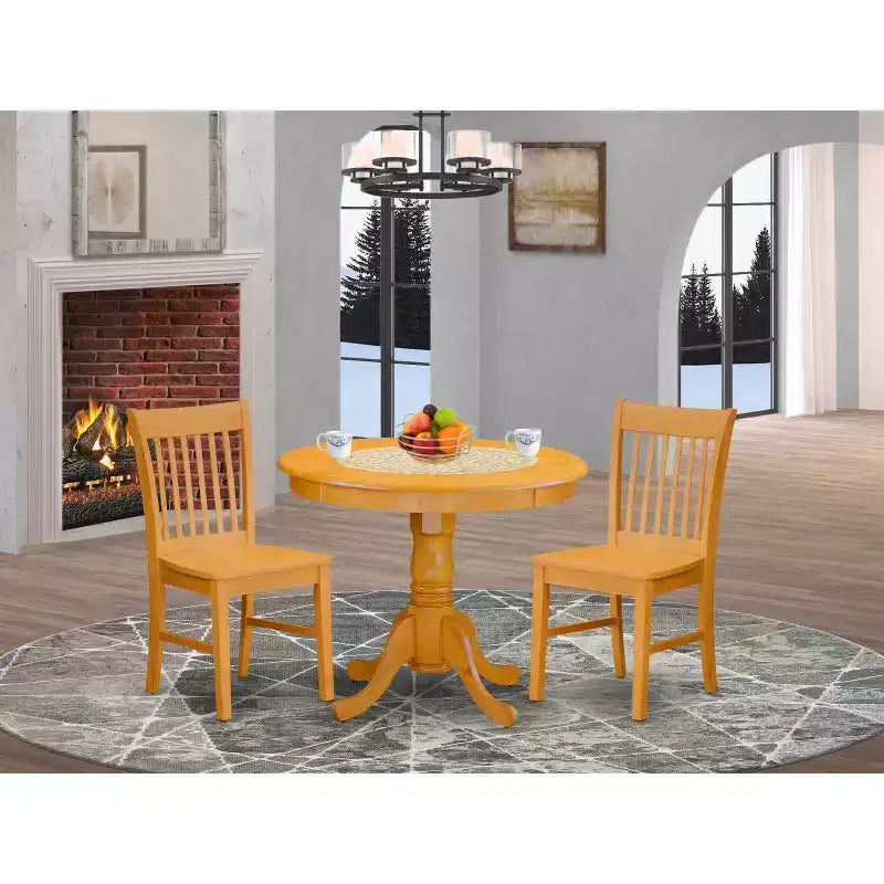 3-Piece Natural Oak Finish Solid Wood Top - Dining Room Set - Seats 4