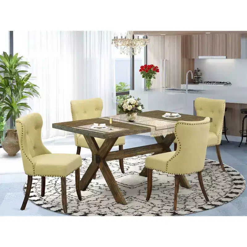 HomeStock 5-Piece Rectangle Distressed Jacobean Finish Solid Wood Top Dining Table with 4-Parson Chair