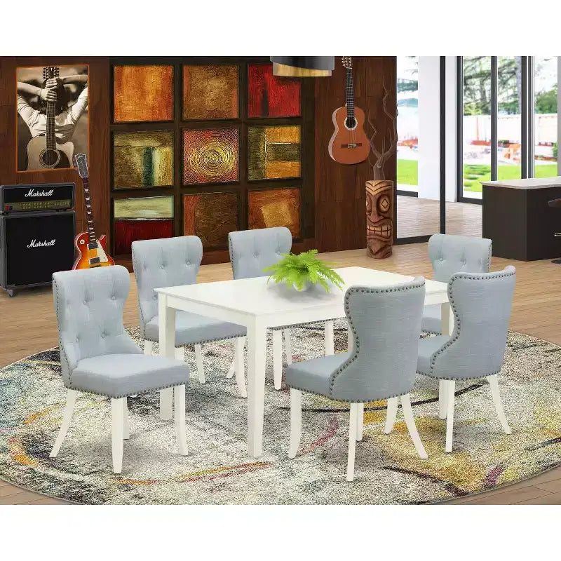 HomeStock 7-Piece Linen White Finish Solid Wood Top Dining Table with 6 Chairs