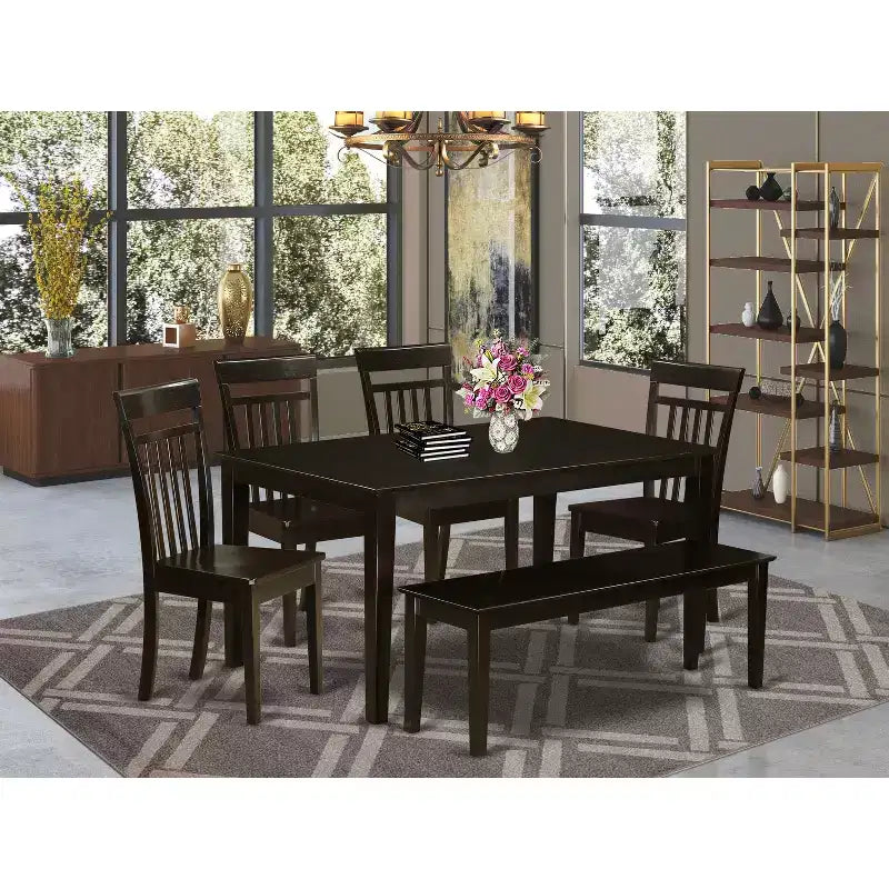 HomeStock 6-Piece Rectangle Cappuccino Finish Solid Wood Top Dining Table with 1 Bench, 4 Chairs