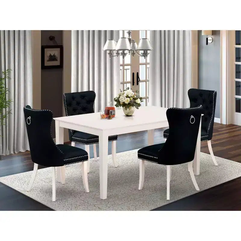 5-Piece Rectangular Linen White Finish Solid Wood Top-Upholstered Dining Room Set-Seats 4