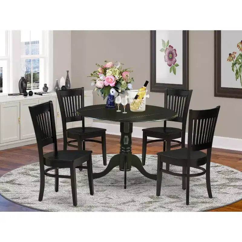 HomeStock 5-Piece Black Finish Solid Wood Top Dining table with 4 Chairs with Drop Leaf Slat Back
