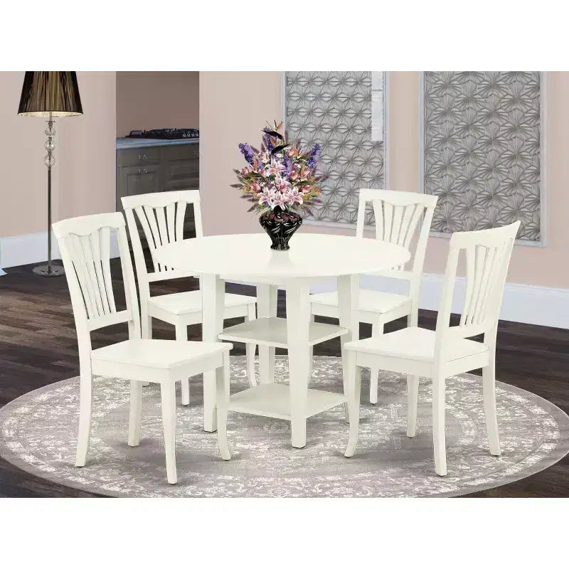 HomeStock 5-Piece Round Linen White Finish Solid Wood Top Dining Table with 4 Chairs with Drop Leaf Slat Back