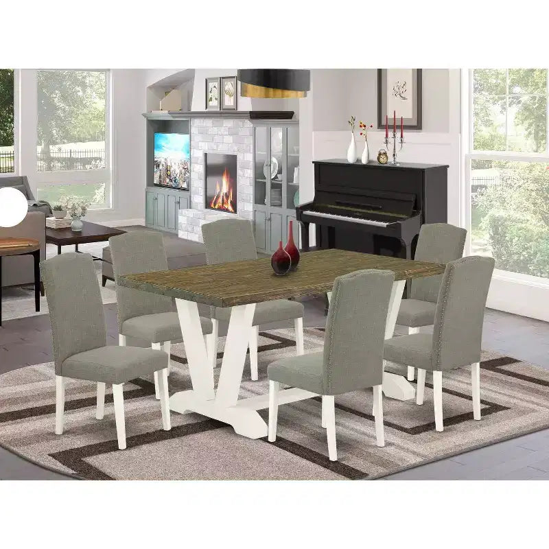 7-Piece Distressed Jacobean Finish Solid Wood Top Dining Table with 6 Chairs with