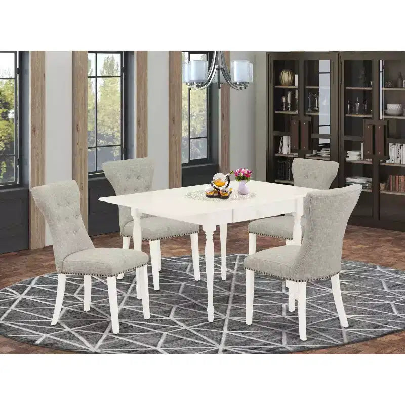 5-Piece Linen White Finish Solid Wood Top - Button Tufted Dining Room Set - Seats 4