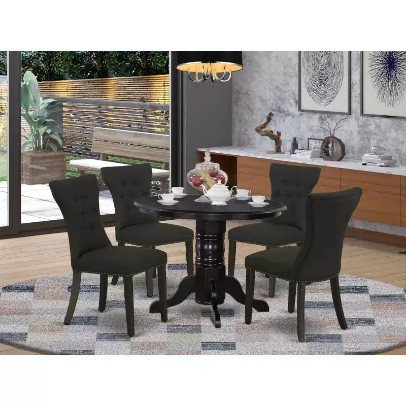 HomeStock 5-Piece Round Black Finish Solid Wood Top Dining Table with 4 Upholstered Chairs
